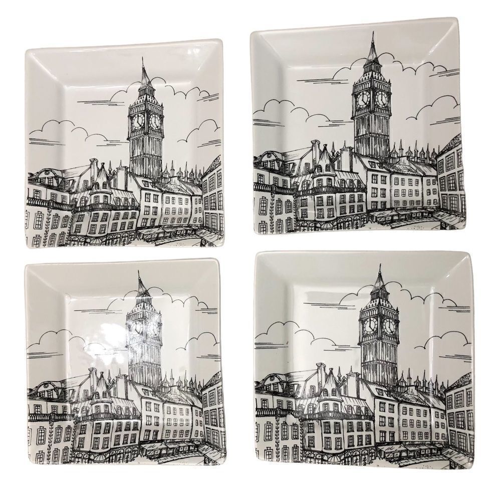 Big Ben London 222 Fifth England Traveler Art Porcelain Appetizer 4 Plates